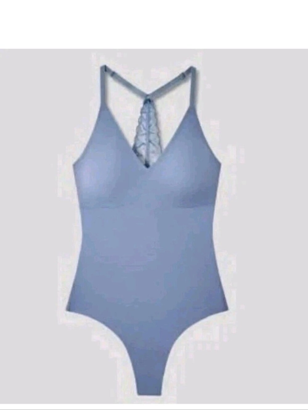 True & Co V Neck Lace Racerback Thong Bodysuit Blue Size XL Adj Straps